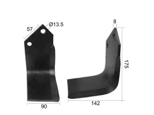 Kniv Firkantet Venstre 90x8mm Højde: 175mm. Hulafstand: 57mm. Hul Ø: 13.5mm. Passer til Dowdeswell Passer til: 63604