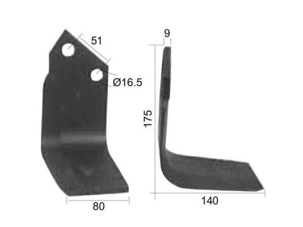 Kniv Firkantet Højre 80x9mm Højde: 175mm. Hulafstand: 51mm. Hul Ø: 16.5mm. Passer til Dowdeswell, Howard Passer til: 9863