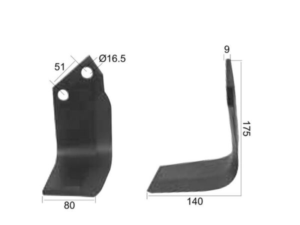 Kniv Firkantet Venstre 80x9mm Højde: 175mm. Hulafstand: 51mm. Hul Ø: 16.5mm. Passer til Dowdeswell, Howard Passer til: 9862