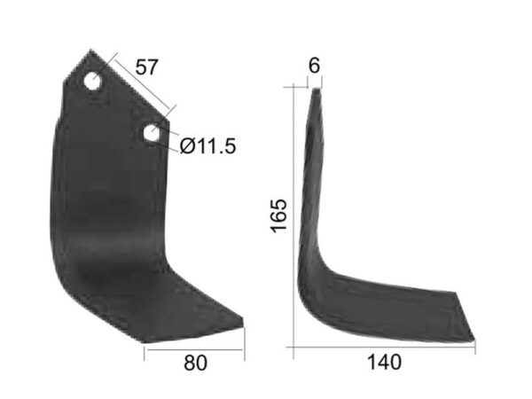 Kniv Firkantet Højre 80x6mm Højde: 165mm. Hulafstand: 57mm. Hul Ø: 11.5mm. Passer til Dowdeswell, Howard, Kuhn Passer til: 9901
