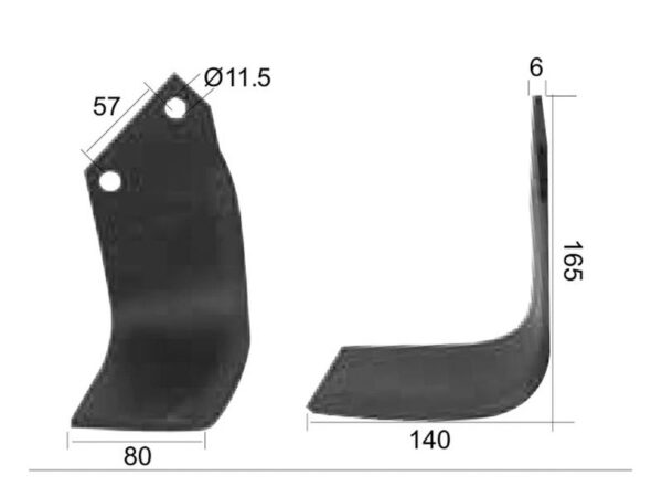 Kniv Firkantet Venstre 80x6mm Højde: 165mm. Hulafstand: 57mm. Hul Ø: 11.5mm. Passer til Dowdeswell, Howard, Kuhn Passer til: 9900