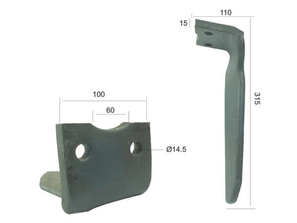 Rotorharvetand 100x15x315mm Højre. Hulafstand: 60mm. Hul Ø 14.5mm. Passer tilHoward. Passer til: 182939