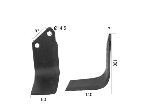 Kniv Firkantet Venstre 80x7mm Højde: 190mm. Hulafstand: 57mm. Hul Ø: 14.5mm. Passer til Krone Passer til: 036395