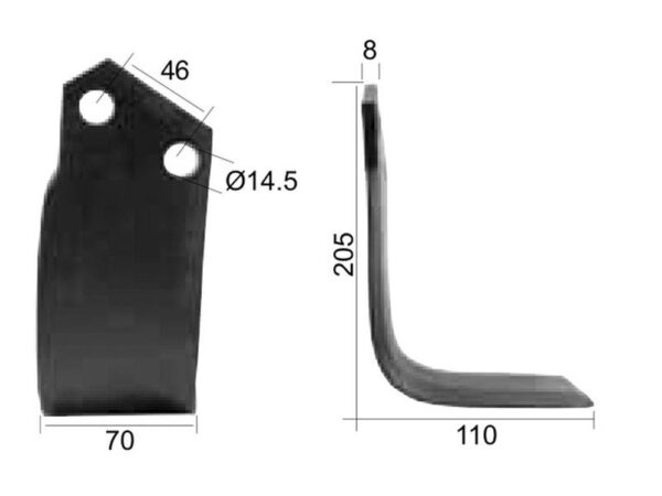Kniv Firkantet Højre 70x8mm Højde: 205mm. Hulafstand: 46mm. Hul Ø: 14.5mm. Passer til Breviglieri, Maletti Passer til: 30412