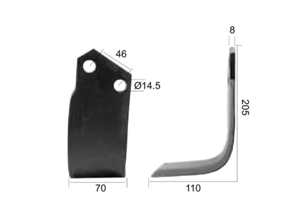 Kniv Firkantet Venstre 70x8mm Højde: 205mm. Hulafstand: 46mm. Hul Ø: 14.5mm. Passer til Breviglieri, Maletti Passer til: 30412