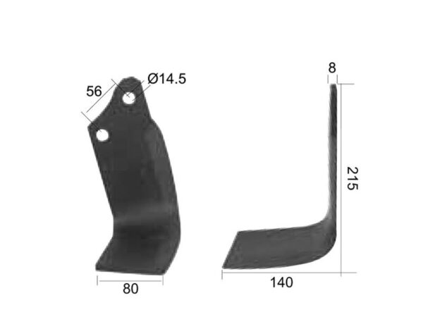 Kniv Firkantet Venstre 80x8mm Højde: 215mm. Hulafstand: 56mm. Hul Ø: 14.5mm. Passer til Maschio Passer til: 01110429