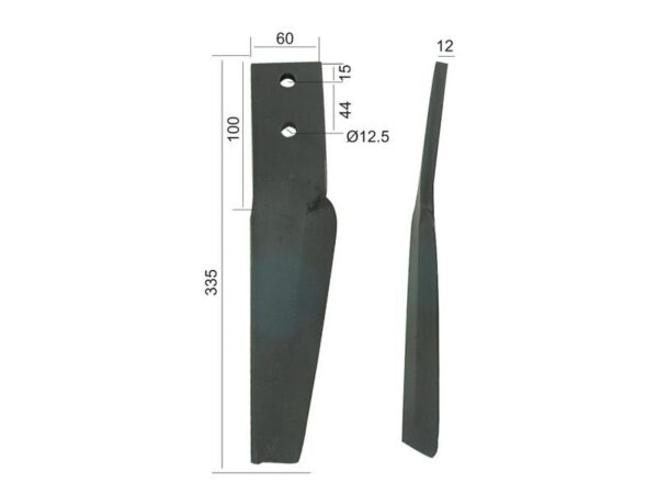 Rotorharvetand 60x12x335mm Højre. Hulafstand: 44mm. Hul Ø 12.5mm. Passer tilMaschio. Passer til: 10100262
