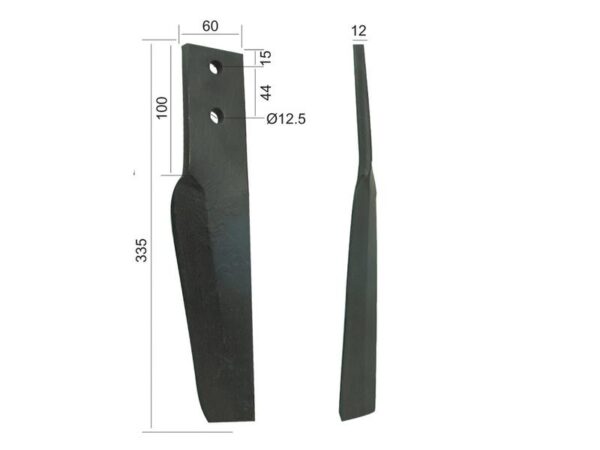 Rotorharvetand 60x12x335mm Venstre. Hulafstand: 44mm. Hul Ø 12.5mm. Passer tilMaschio. Passer til: 10100263