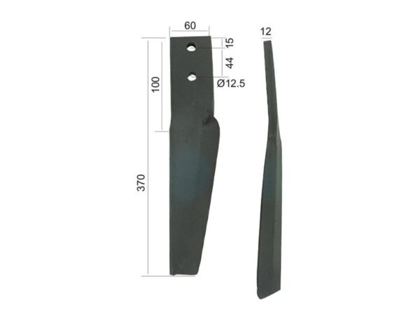 Rotorharvetand 60x12x370mm Højre. Hulafstand: 44mm. Hul Ø 12.5mm. Passer tilMaschio. Passer til: 10100266