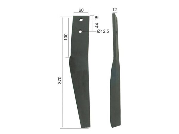 Rotorharvetand 60x12x370mm Venstre. Hulafstand: 44mm. Hul Ø 12.5mm. Passer tilMaschio. Passer til: 10100265