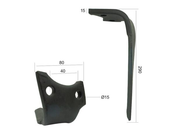 Rotorharvetand 80x15x290mm Højre. Hulafstand: 40mm. Hul Ø 15mm. Passer tilRabewerk. Passer til: 84091201