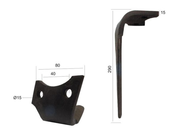 Rotorharvetand 80x15x290mm Venstre. Hulafstand: 40mm. Hul Ø 15mm. Passer tilRabewerk. Passer til: 84091202