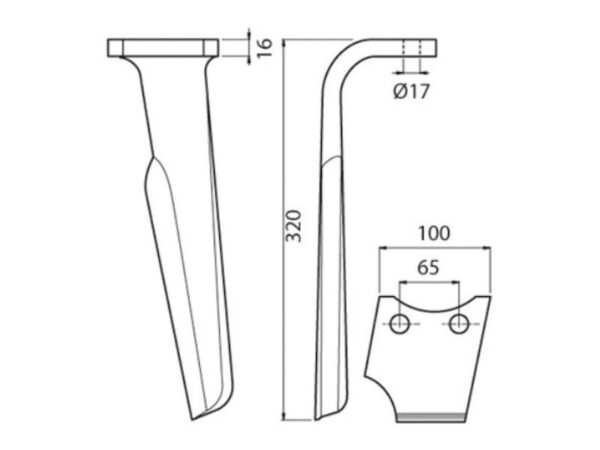 Rotorharvetand 100x16x320mm Venstre. Hulafstand: 66mm. Hul Ø 17.5mm. Passer tilPerugini (Concept-Ransome), Rabewerk. Passer til: 8404-5002