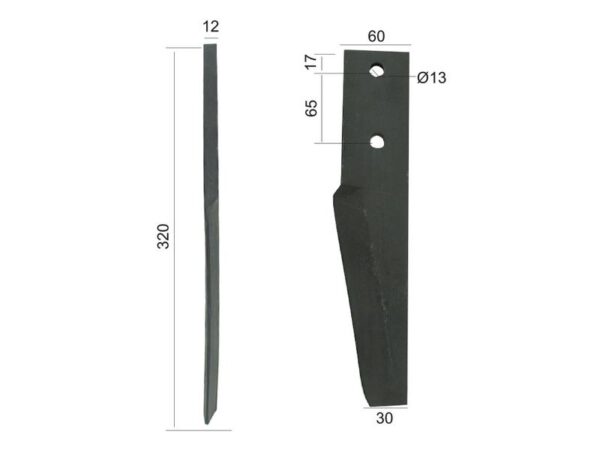 Rotorharvetand 60x12x320mm Hulafstand: 65mm. Hul Ø 13mm. Passer tilPerugini (Concept-Ransome).
