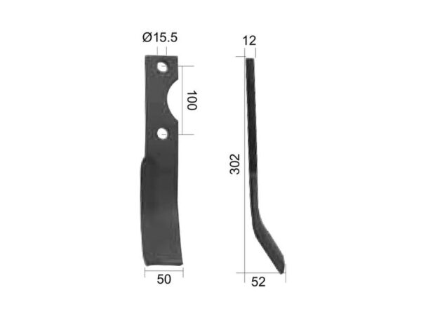 Kniv Buet Højre 50x12mm Højde: 302mm. Hulafstand: 100mm. Hul Ø: 15.5mm. Passer til Simone/Jones Passer til: COT7