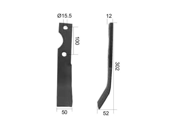 Kniv Buet Venstre 50x12mm Højde: 302mm. Hulafstand: 100mm. Hul Ø: 15.5mm. Passer til Simone/Jones Passer til: COT8