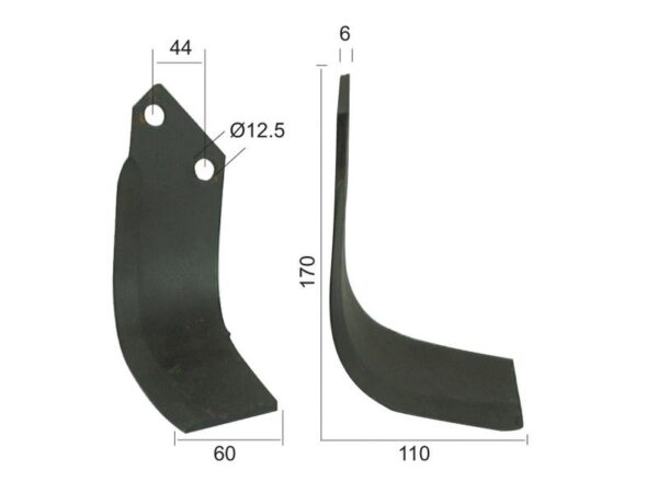 Kniv Buet Højre 60x6mm Højde: 170mm. Hulafstand: 44mm. Hul Ø: 12.5mm. Passer til Celli Passer til: 522600