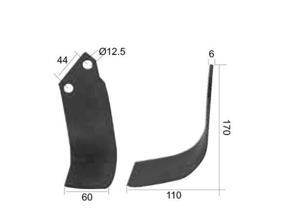 Kniv Buet Venstre 60x6mm Højde: 170mm. Hulafstand: 44mm. Hul Ø: 12.5mm. Passer til Celli Passer til: 522601