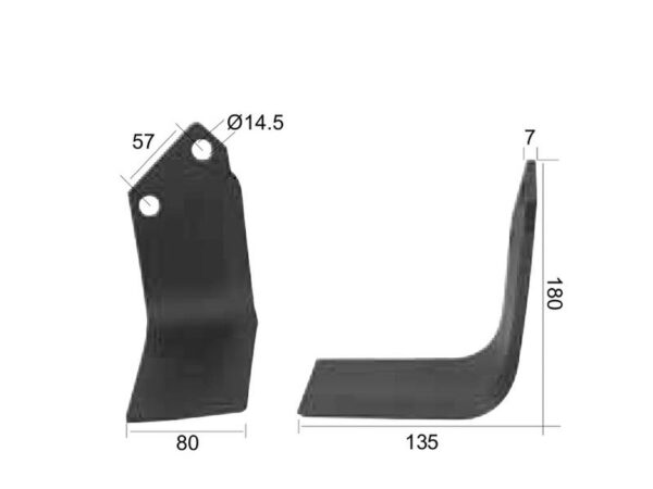 Kniv Firkantet Venstre 80x7mm Højde: 180mm. Hulafstand: 57mm. Hul Ø: 14.5mm. Passer til Celli Passer til: 422513