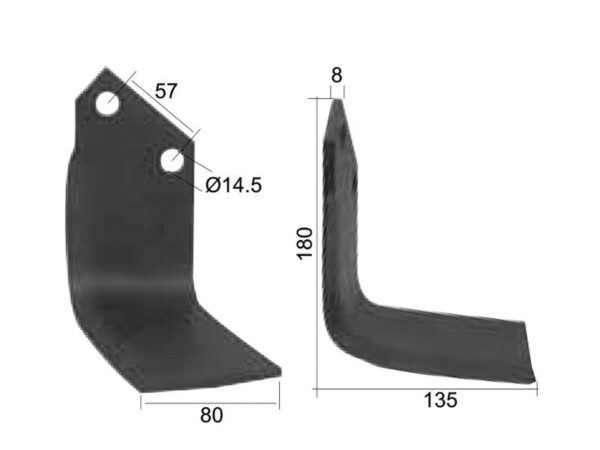 Kniv Firkantet Højre 80x8mm Højde: 180mm. Hulafstand: 57mm. Hul Ø: 14.5mm. Passer til Celli Passer til: 722533