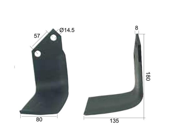 Kniv Firkantet Venstre 80x8mm Højde: 180mm. Hulafstand: 57mm. Hul Ø: 14.5mm. Passer til Celli Passer til: 722534