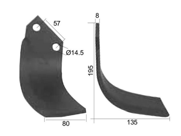 Kniv Buet Højre 80x8mm Højde: 195mm. Hulafstand: 57mm. Hul Ø: 14.5mm. Passer til Celli Passer til: 722537