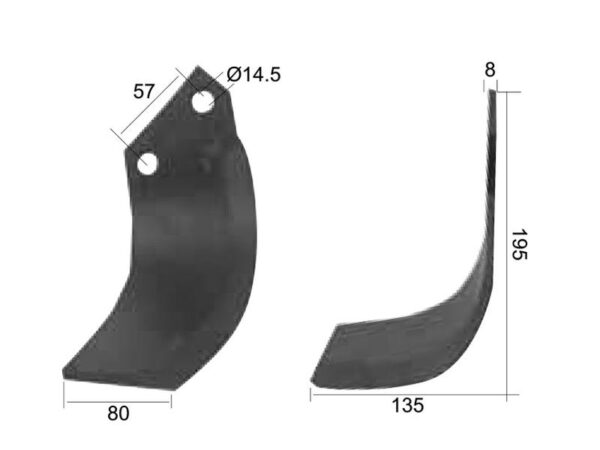 Kniv Buet Venstre 80x8mm Højde: 195mm. Hulafstand: 57mm. Hul Ø: 14.5mm. Passer til Celli Passer til: 722538