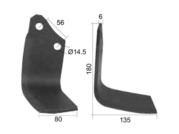 Kniv Firkantet Højre 80x6mm Højde: 180mm. Hulafstand: 56mm. Hul Ø: 14.5mm. Passer til Maschio Passer til: 02108430