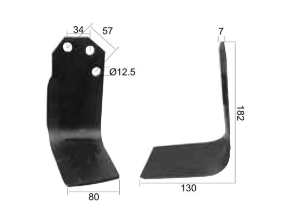 Kniv Firkantet Højre 80x7mm Højde: 182mm. Hulafstand: 34/57mm. Hul Ø: 12.5mm. Passer til Carraro Passer til: 98715