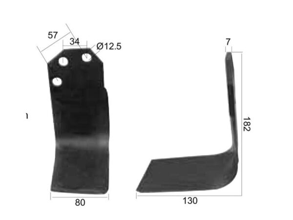 Kniv Firkantet Venstre 80x7mm Højde: 182mm. Hulafstand: 34/57mm. Hul Ø: Passer til Carraro Passer til: 98714