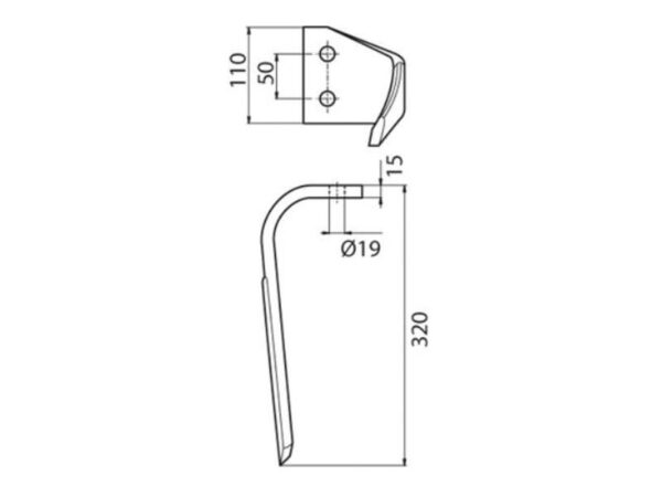 Rotorharvetand 110x15x330mm Venstre. Hulafstand: 50mm. Hul Ø 19mm. Passer tilKverneland, Maletti. Passer til: E040146
