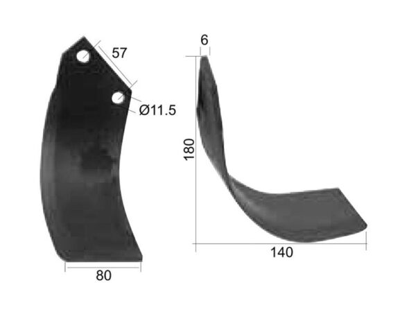 Kniv Buet Højre 80x6mm Højde: 180mm. Hulafstand: 57mm. Hul Ø: 11.5mm. Passer til Dowdeswell Passer til: 9954