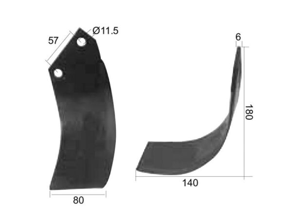Kniv Buet Venstre 80x6mm Højde: 180mm. Hulafstand: 57mm. Hul Ø: 11.5mm. Passer til Dowdeswell Passer til: 9953