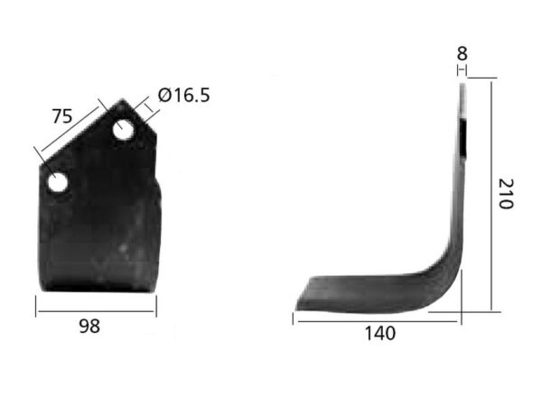 Kniv Firkantet Højre 98x8mm Højde: 210mm. Hulafstand: 75mm. Hul Ø: 16.5mm. Passer til Kuhn, Dowdeswell, Howard Passer til: 52359000