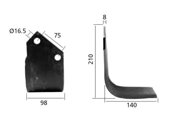 Kniv Firkantet Venstre 98x8mm Højde: 210mm. Hulafstand: 75mm. Hul Ø: 16.5mm. Passer til Kuhn, Dowdeswell, Howard Passer til: 52359100