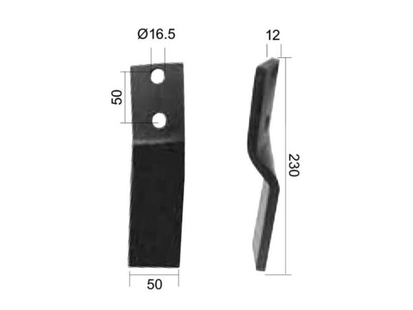 Kniv Snoet Højre 50x12mm Højde: 230mm. Hulafstand: 50mm. Hul Ø: 16.5mm. Passer til Howard Passer til: 653257