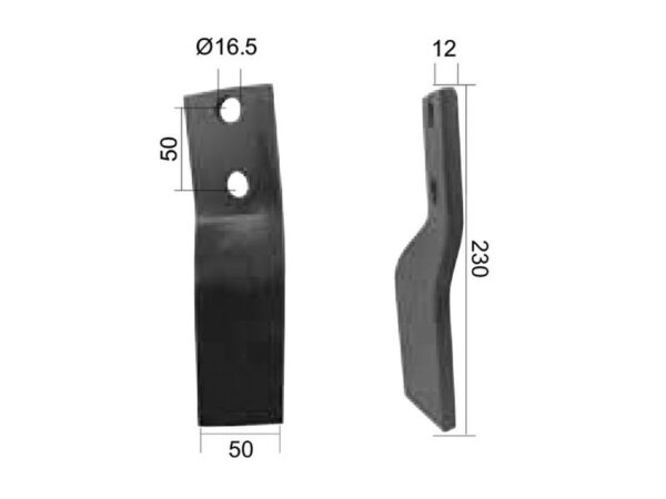 Kniv Snoet Venstre 50x12mm Højde: 230mm. Hulafstand: 50mm. Hul Ø: 16.5mm. Passer til Howard Passer til: 653256