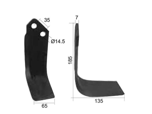 Kniv Firkantet Højre 65x7mm Højde: 185mm. Hulafstand: 35mm. Hul Ø: 14.5mm. Passer til Krone Passer til: 035268