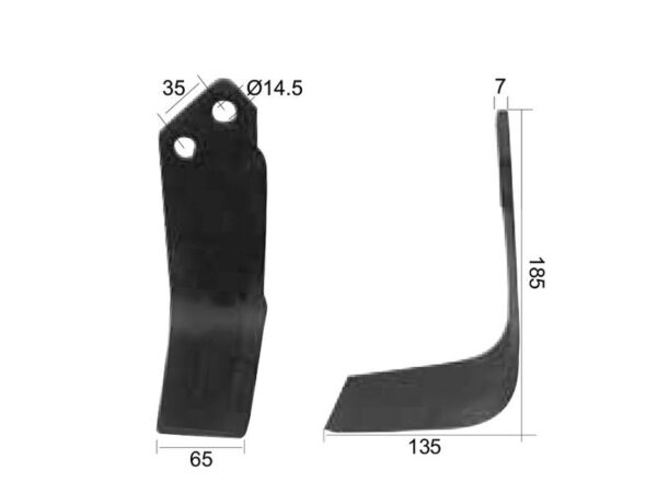 Kniv Firkantet Venstre 65x7mm Højde: 185mm. Hulafstand: 35mm. Hul Ø: 14.5mm. Passer til Krone Passer til: 035435