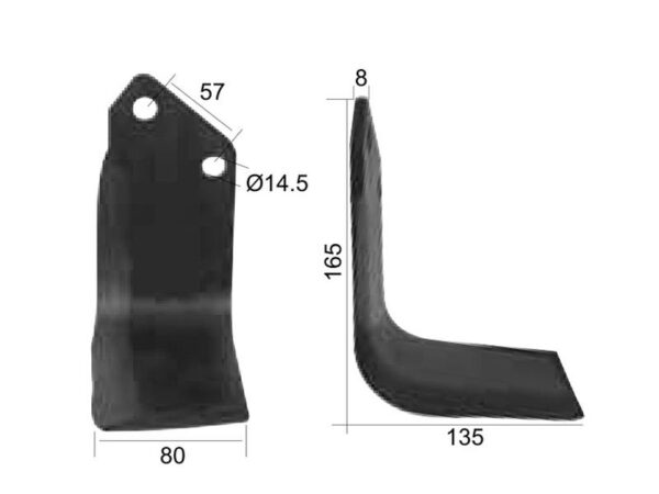 Kniv Firkantet Højre 80x8mm Højde: 165mm. Hulafstand: 57mm. Hul Ø: 14.5mm. Passer til Krone, Kuhn Passer til: 51921600