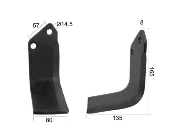 Kniv Firkantet Venstre 80x8mm Højde: 165mm. Hulafstand: 57mm. Hul Ø: 14.5mm. Passer til Krone, Kuhn Passer til: 51921500