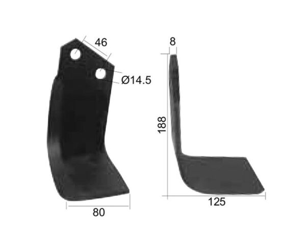 Kniv Firkantet Højre 80x8mm Højde: 188mm. Hulafstand: 46mm. Hul Ø: 14.5mm. Passer til Kverneland, Maletti