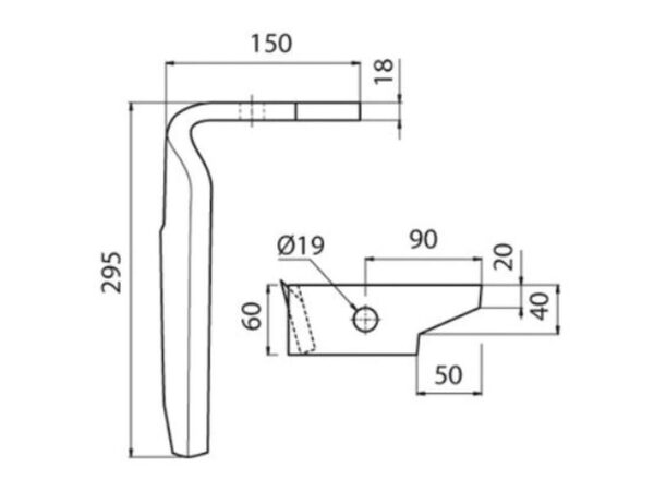 Rotorharvetand 60x18x295mm Højre. Hulafstand: Hul Ø 19mm. Passer tilAmazone. Passer til: 954426S