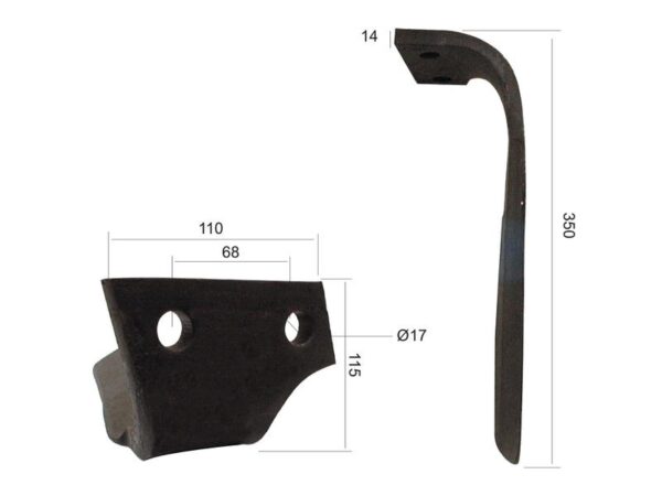 Rotorharvetand 110x14x350mm Højre. Hulafstand: 68mm. Hul Ø 17mm. Passer tilKuhn. Passer til: 52552600