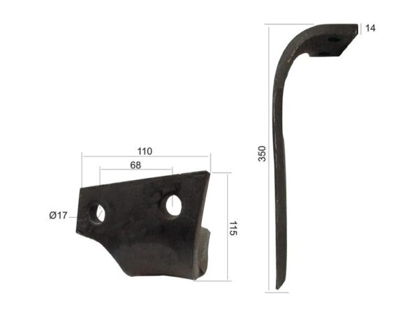Rotorharvetand 110x14x350mm Venstre. Hulafstand: 68mm. Hul Ø 17mm. Passer tilKuhn. Passer til: 52552500