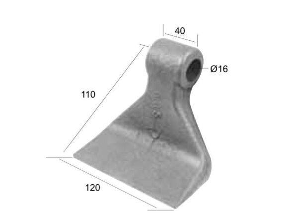 Slagle (Hammer), Topbredde mm: 40mm, Nederste bredde mm: 120mm, Hul Ø: 16.5mm, Radius 110mm - Passer til Omarv, Celli, Kuhn, Sicma Passer til: CL00323