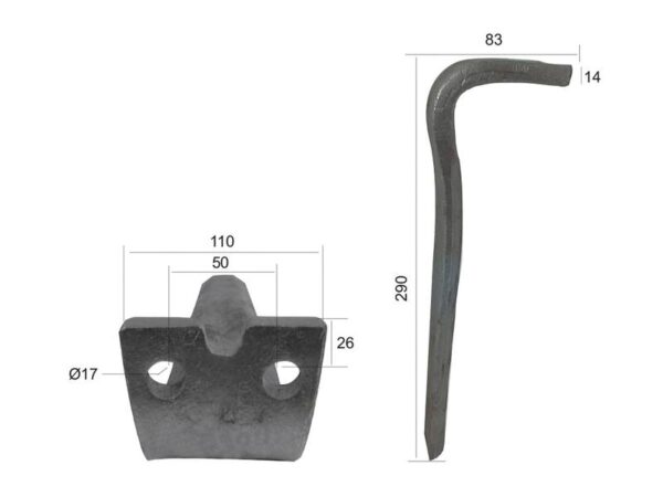 Rotorharvetand 110x14x290mm Hulafstand: 50mm. Hul Ø 17mm. Passer tilForgio, Rekord. Passer til: RLM58001