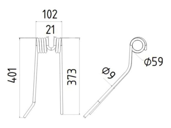 Rivefjeder - Højre - Længde:401mm, Bredde:102mm, Ø9mm - Passer til Deutz-Fahr Passer til: 06580648