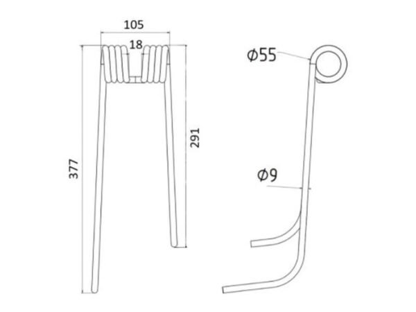 Rivefjeder - Højre - Længde:377mm, Bredde:105mm, Ø9mm - Passer til Lely Passer til: 41003208L