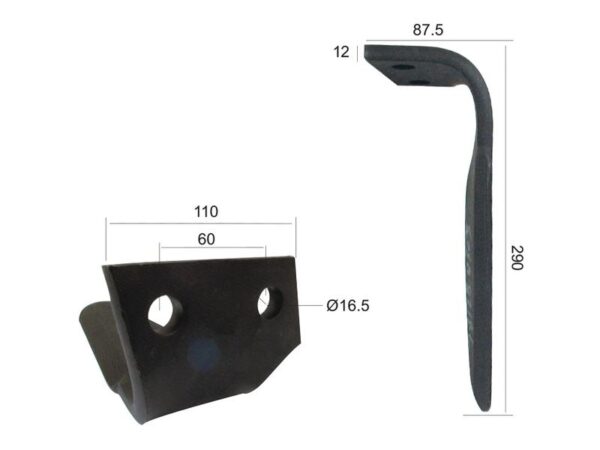 Rotorharvetand 110x12x290mm Højre. Hulafstand: 60mm. Hul Ø 16.5mm. Passer tilFeraboli (SKH & MF).